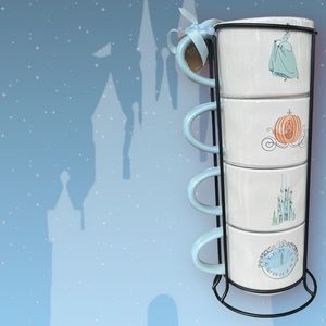Rae Dunn Disney Cinderella BIBBIDI BOBBIDI BOO Stackable Coffee 4 Mug Set. NWT.